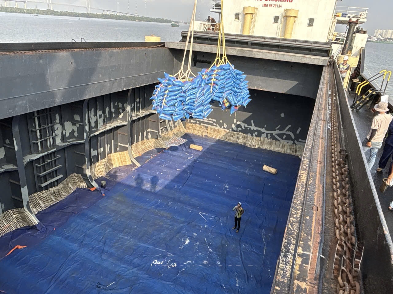 Port logistics team handling dunnage material delivery